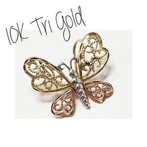 10K Solid Gold Butterfly Pendant White Yellow Rose Gold Pendant Laced Filigree